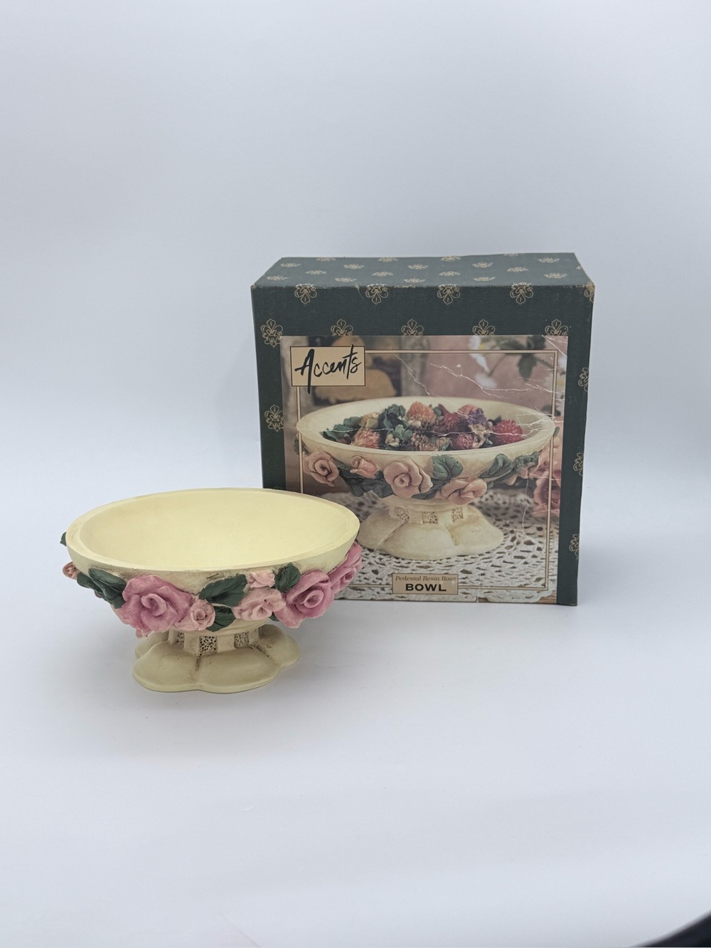 1990’s Vtg. Accents Pedestal Resin Rose Bowl Centerpiece Cottagecore Decor - NIB